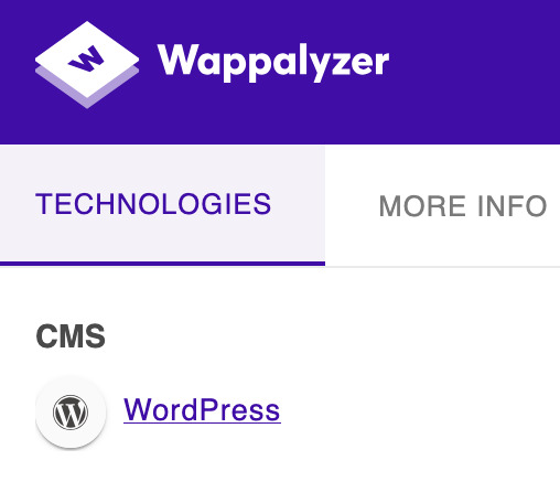Wappalyzer results for the website