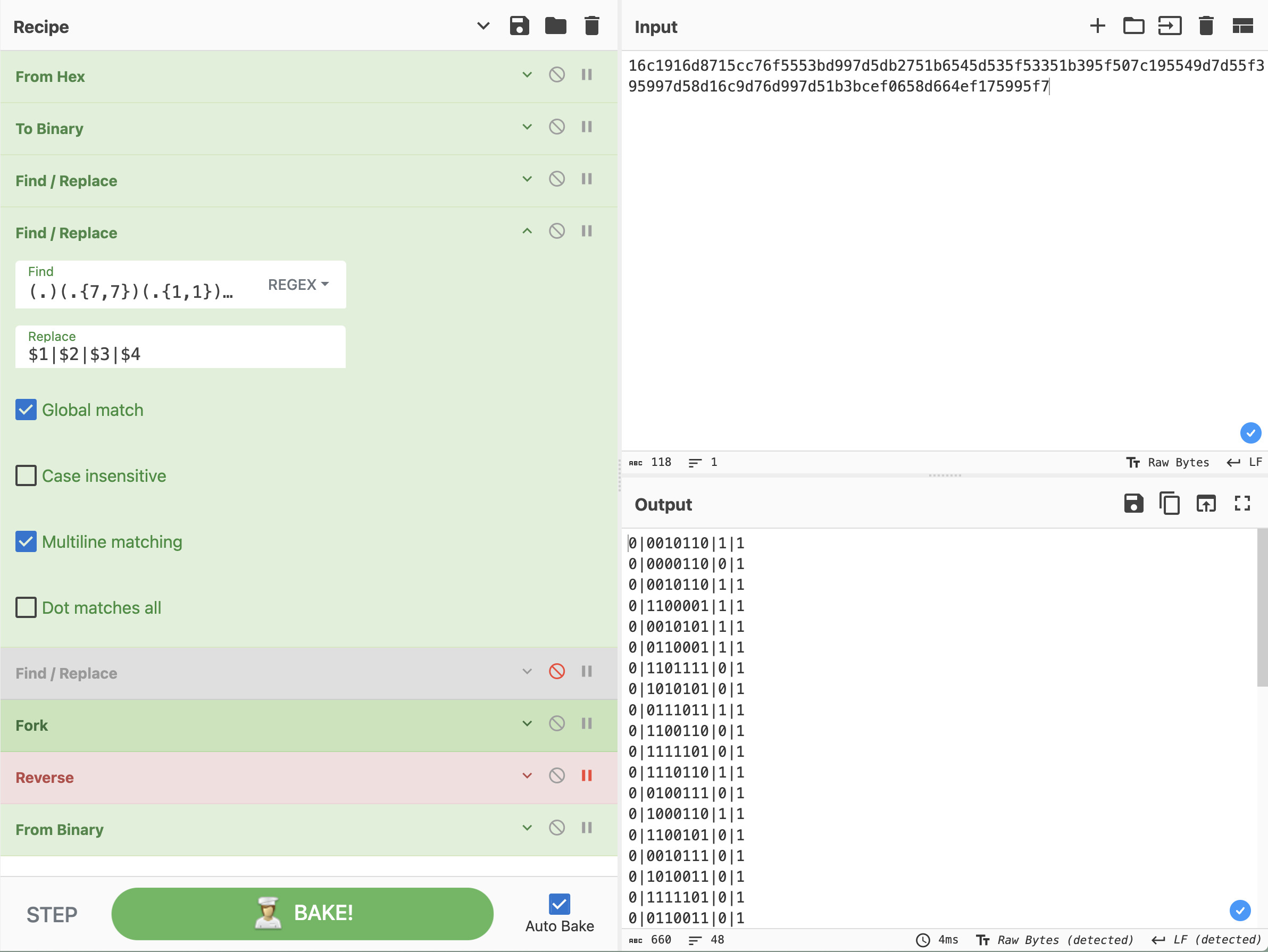 Cyberchef showing bits alignment